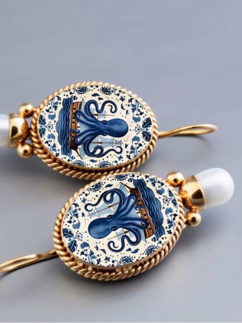 Blue Octopus Cameo Pearl Drop Earrings - Gold Tone
